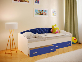 Кровать Софа-7 с мягкой спинкой со стразами (800х2000) Белый/Синий в Линёво - linyovo.mebel54.com | фото