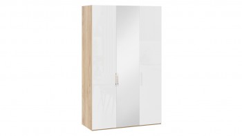 Шкаф комбинированный с 2 глухими и 1 зеркальной дверями правый «Эмбер» Яблоня Беллуно/Белый глянец в Линёво - linyovo.mebel54.com | фото