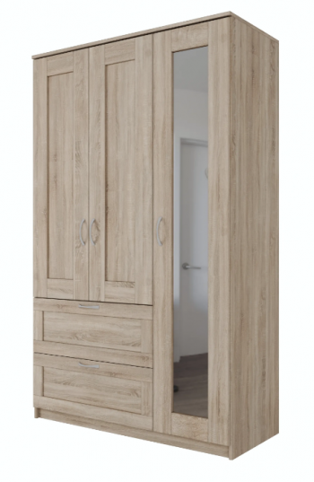 Шкаф трехдверный Сириус с зеркалом и 2 ящиками дуб сонома в Линёво - linyovo.mebel54.com | фото